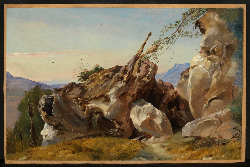 The work of art by the painter Friedrich Nerlys shows a rocky landscape in Italy. In the foreground of the painting you can see a pointed rock.
