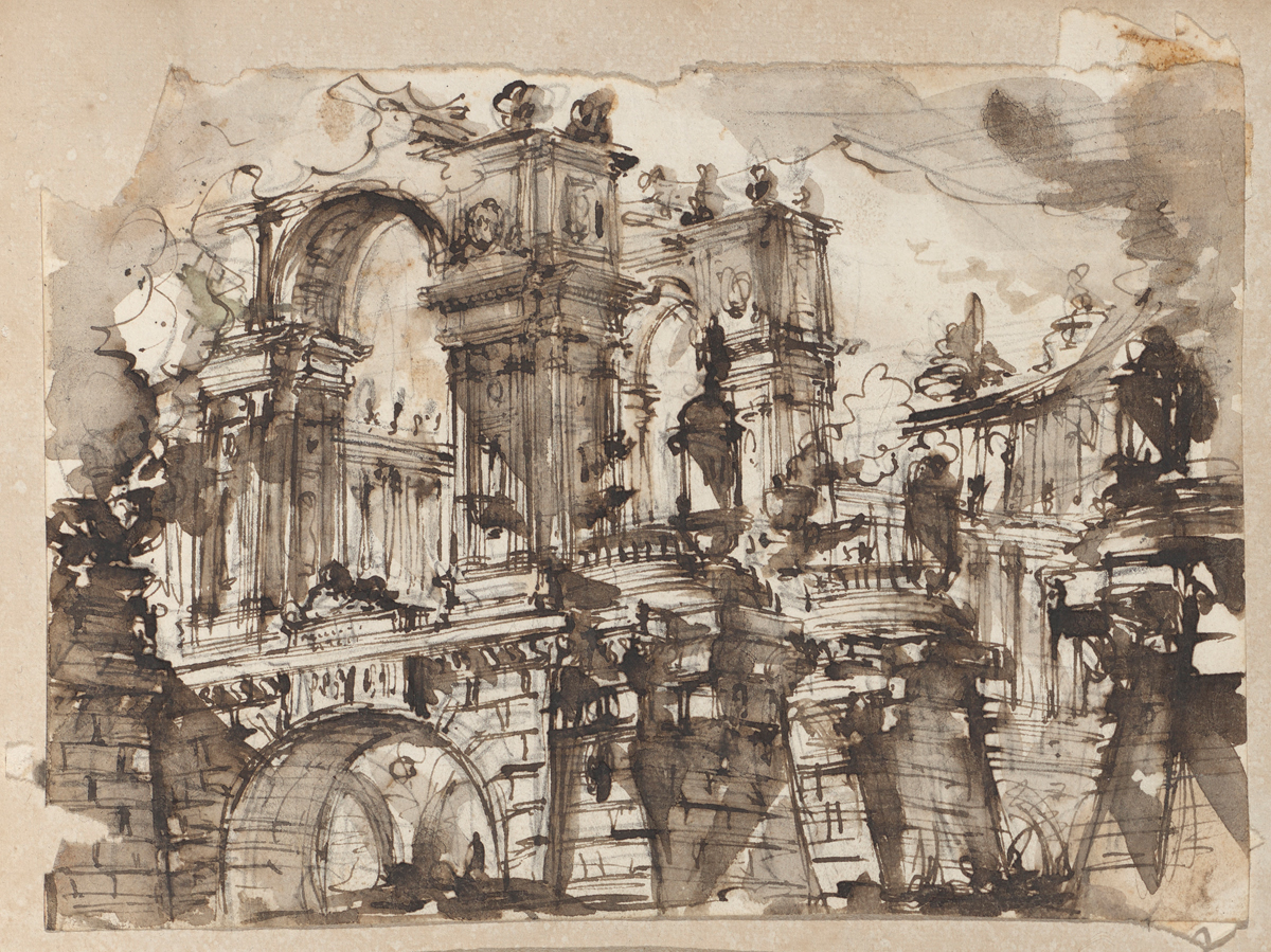 Abbildung einer Architekturphantasie mit Brücken und Triumphbögen von Giovanni Battista Piranesi.