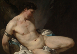 Ausschnitt aus einem Gemälde von Jean-Baptiste Marie Pierre: Ein nackter Mann, am Oberarm mit einem Metallreif gefesselt, neigt den Oberkörper nach hinten und den Kopf nach vorne. Die helle Haut des muskulösen Körpers ist beleuchtet.