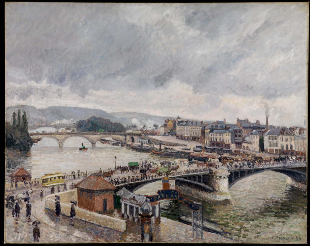 The artwork by impressionist artist Camille Pissaros shows a city on a river. There are several bridges across the river that are very busy.