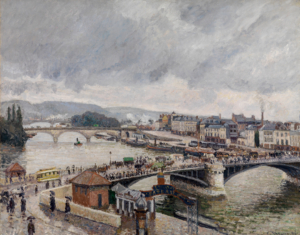 Das Kunstwerk des Impressionismus-Künstlers Camille Pissaros zeigt eine Stadt an einem Fluss. Über den Fluss gehen mehrere Brücken auf denen viel los ist.
