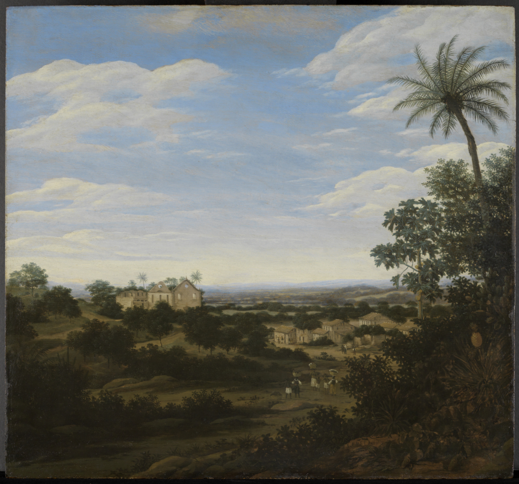 A Brazilian landscape can be seen in the painting by the artist Post. You can see houses and a group of people.