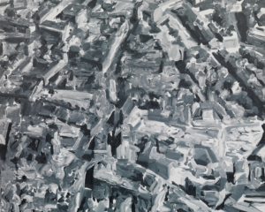 Das Kunstwerk des zeitgenössischen Künstlers Gerhard Richter zeigt die abstrakte Darstellung eine Stadt aus der Vogelperspektive. Das Bild ist in den Farben schwarz und weiß gemalt.