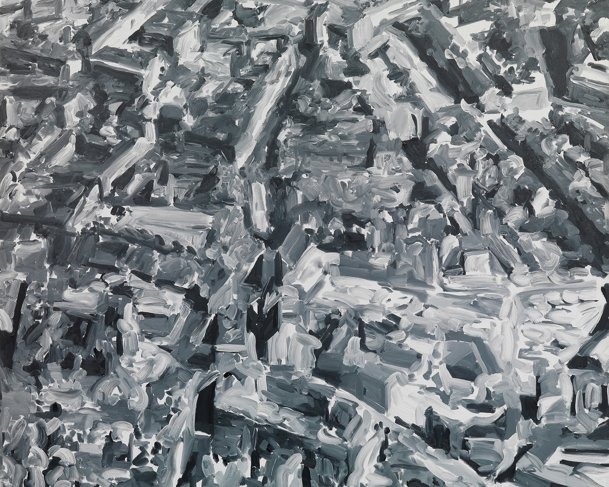 Das Kunstwerk des zeitgenössischen Künstlers Gerhard Richter zeigt die abstrakte Darstellung eine Stadt aus der Vogelperspektive. Das Bild ist in den Farben schwarz und weiß gemalt.