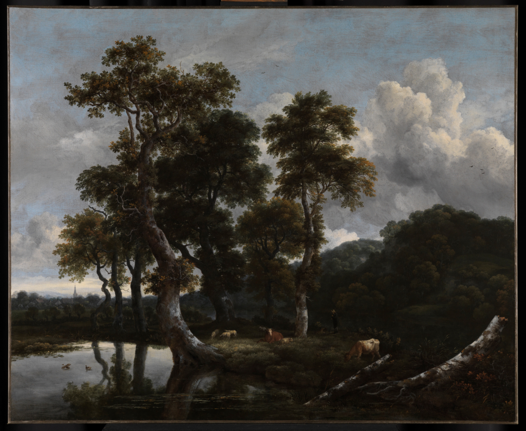 The painting of Ruisdael: Grove of Large Oak Trees at the Edge of a Pond