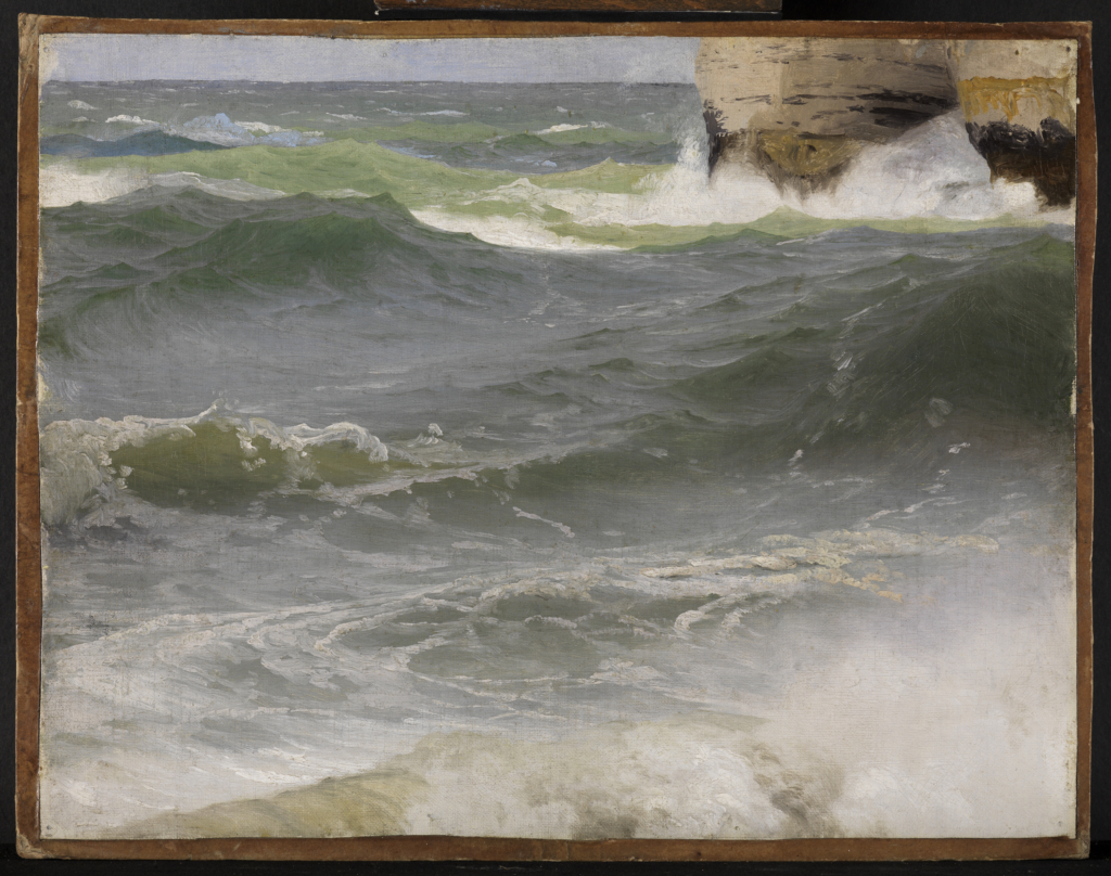 The painting by the artist Johann Wilhelm Schirmers shows ocean surf crashing against steep rock faces.