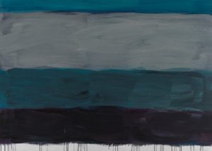 Ausschnitt aus Sean Scullys Gemälde Landline Green Black: übereinanderliegende breite Flächen in Blau- und Grautönen. Am unteren Rand herabrinnende schwarze Farbnasen.