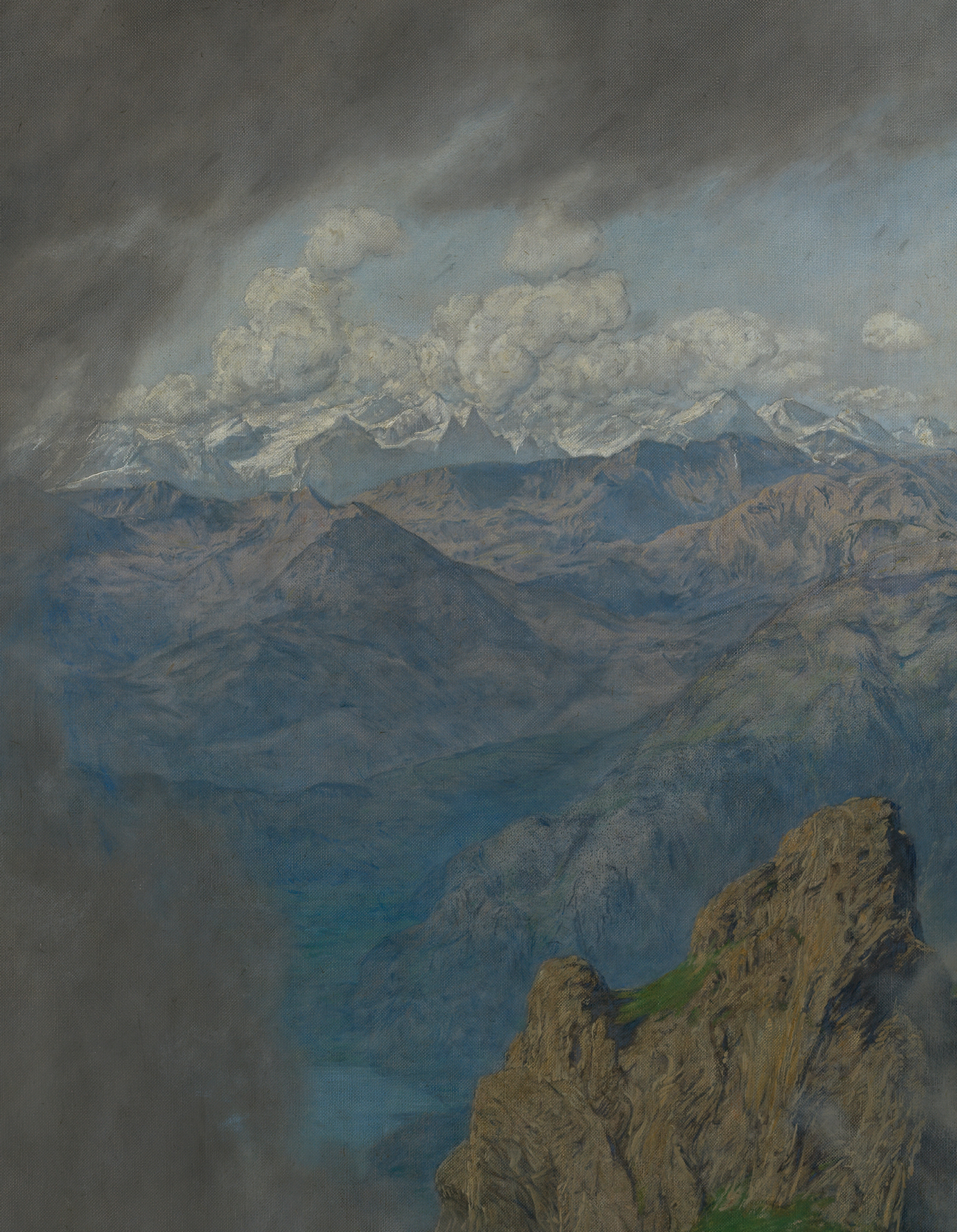 Detail from Hans Thomas' painting View from Pilatus: behind a brightly lit mountain peak and a waft of mist in the middle ground, a broad mountain landscape stretches in cool tones.