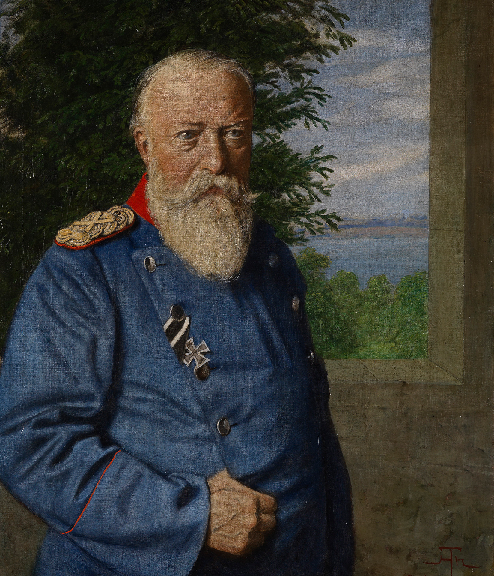 Portrait painting by Hans Thoma: The Grand Duke of Baden Friedrich I in blue uniform in front of a sparse wall with an open window. View of tree and river valley.