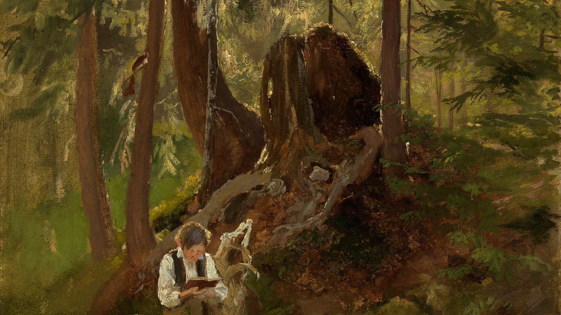 Detail from a painting by Hans Thoma: A little boy is sitting inside a sparse forest, through the canopy of which refracted light penetrates.