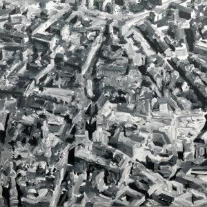 Schwarze, weiße und graue Pinselstriche, die sich zu einem Stadtbild zusammenfügen.