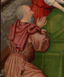 Ausschnitt aus dem Lichtenthaler Altar: Joachim, der Vater Marias, kniet betend am Fuß des Bettes.
