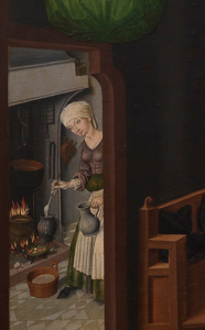 Ausschnitt aus dem Lichtenthaler Altar: Eine Frau kocht am offenen Feuer einer kleinen Küche im Hintergrund.