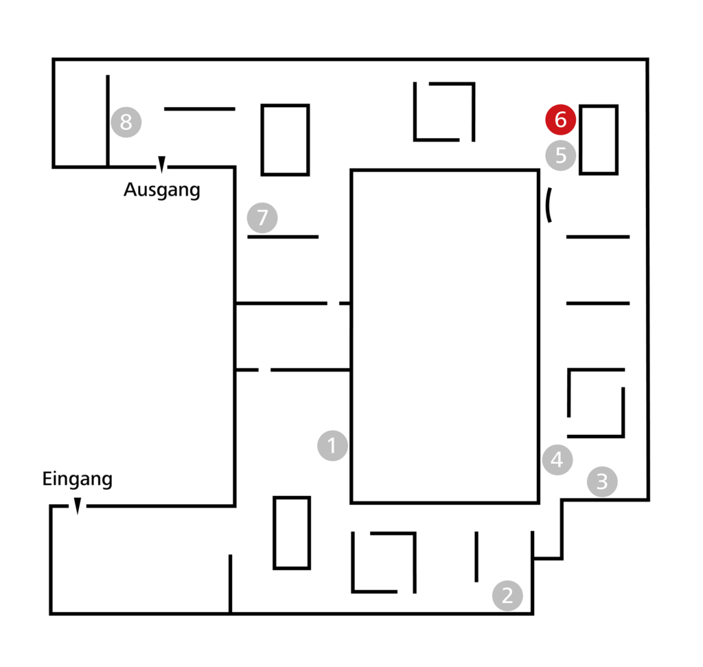 Orientation map showing the location of Keller's work of the tour 500 years of the present in the exhibition KunsthalleKarlsruhe@ZKM