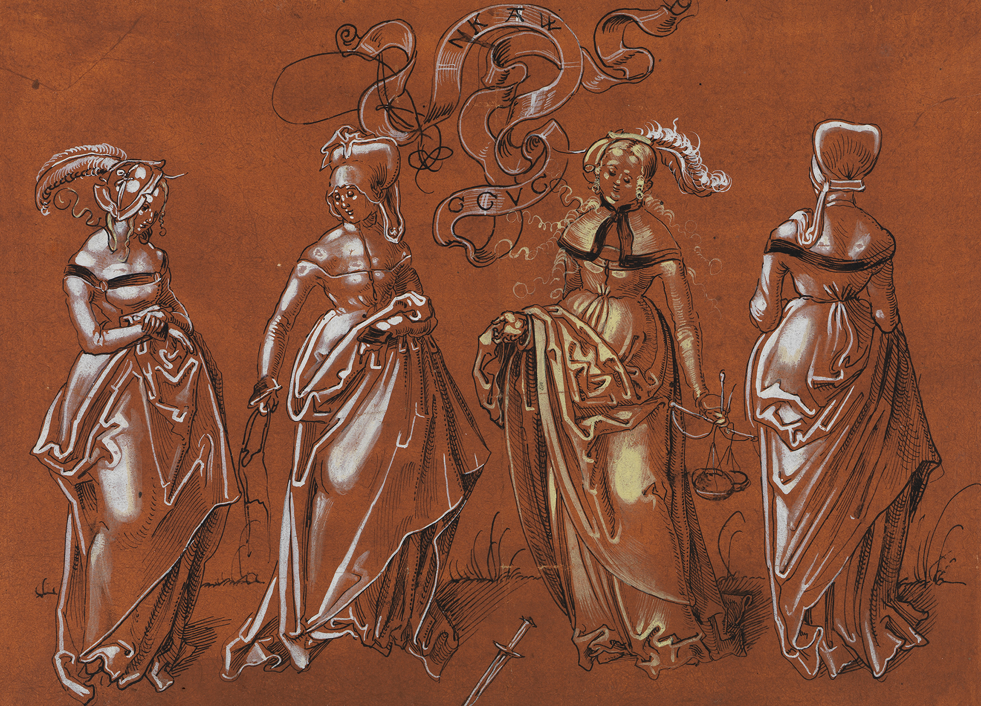 Das Kunstwerk zeigt eine Zeichnung von vier Frauen in mittelalterlicher Kleidung.
