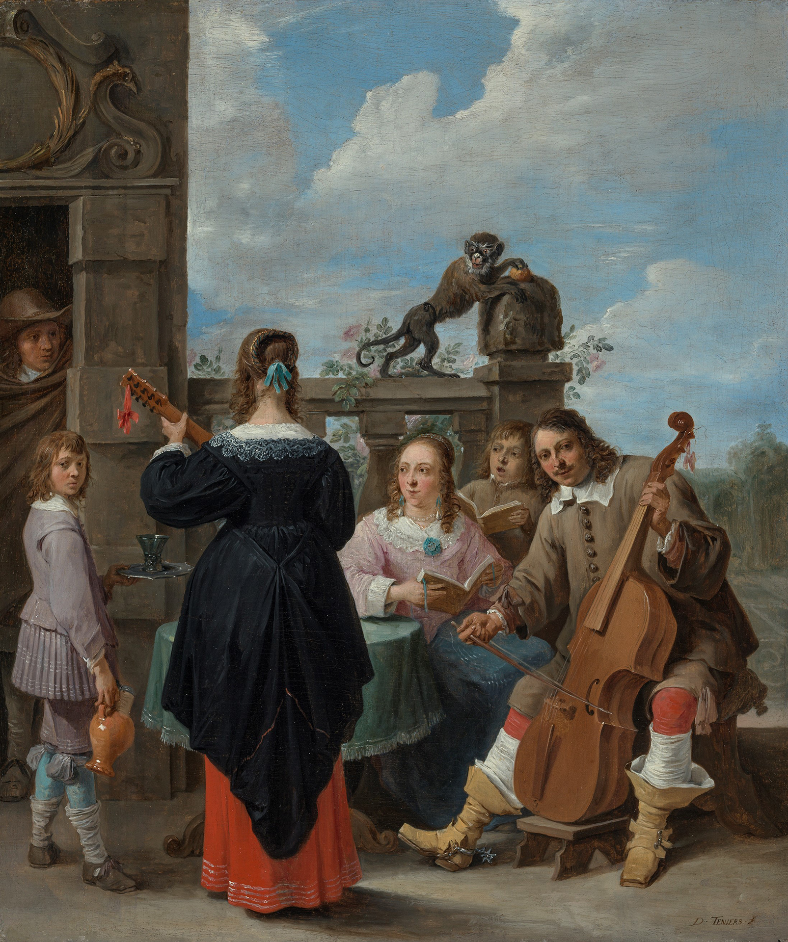 Gemälde von David Teniers auf dem eine Familie auf einer Terrasse abgebildet ist, die gerade musiziert.