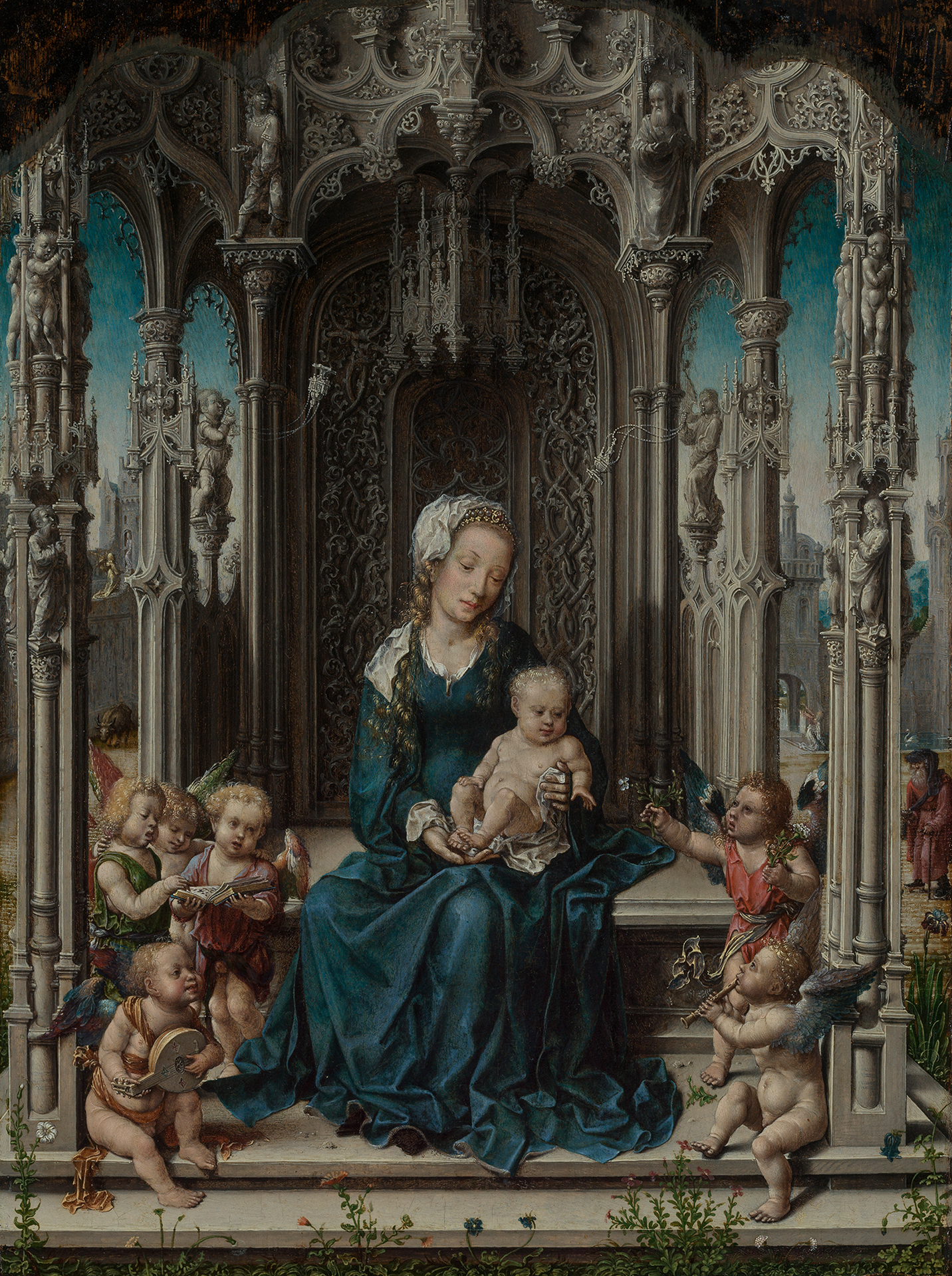 Abbildung eines Gemäldes, auf dem die thronende Jungfrau mit dem Kind und musizierenden Engeln dargestellt ist. Im Hintergrund sieht man detailliert gestaltete Architektur.
