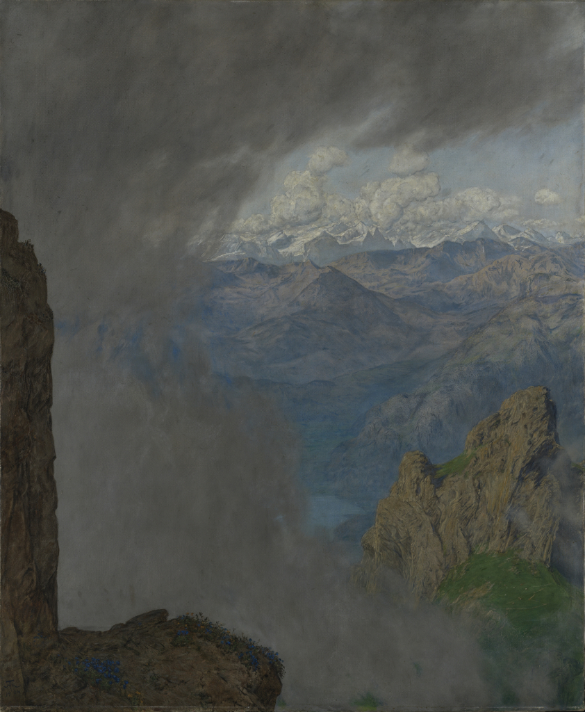 The work of art by the German realist artist Hans Thoma shows a cloud-covered mountain landscape.