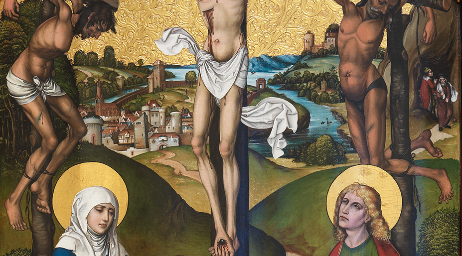 Ausschnitt aus Martin Haiders Hohenlandenberg-Altar: Auf der mittleren Tafel ist die Kreuzigung Christi zu sehen, vor der Abbildung eines Tals mit malerischer Stadt und Gewässern.