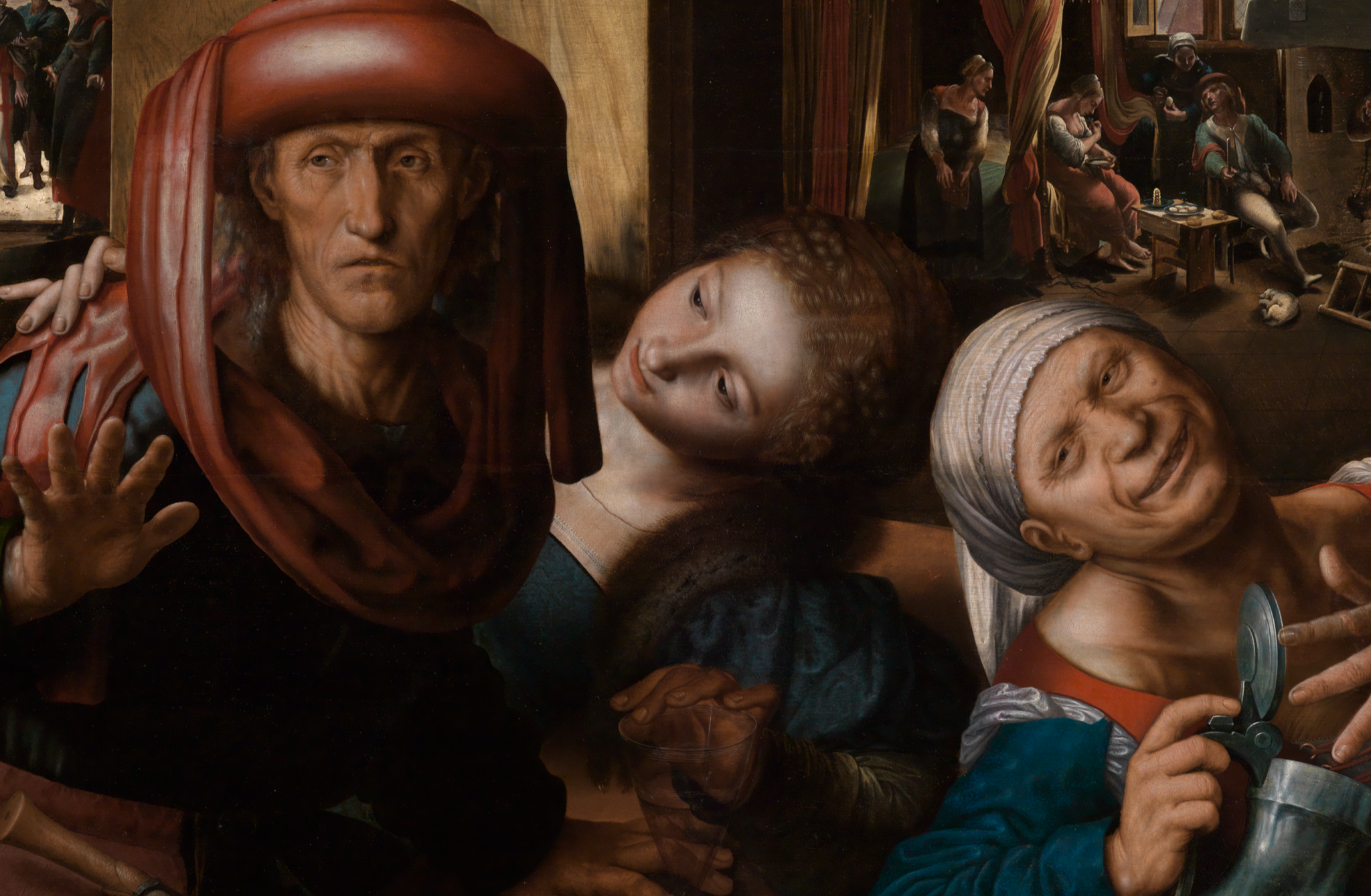 Detail des Gemäldes Lockere Gesellschaft von Jan van Hemessen. Älterer Mann weist Annäherungsversuche einer hübschen jungen Frau ab. Daneben wirft eine alte Frau ihren Kopf lachend nach hinten.