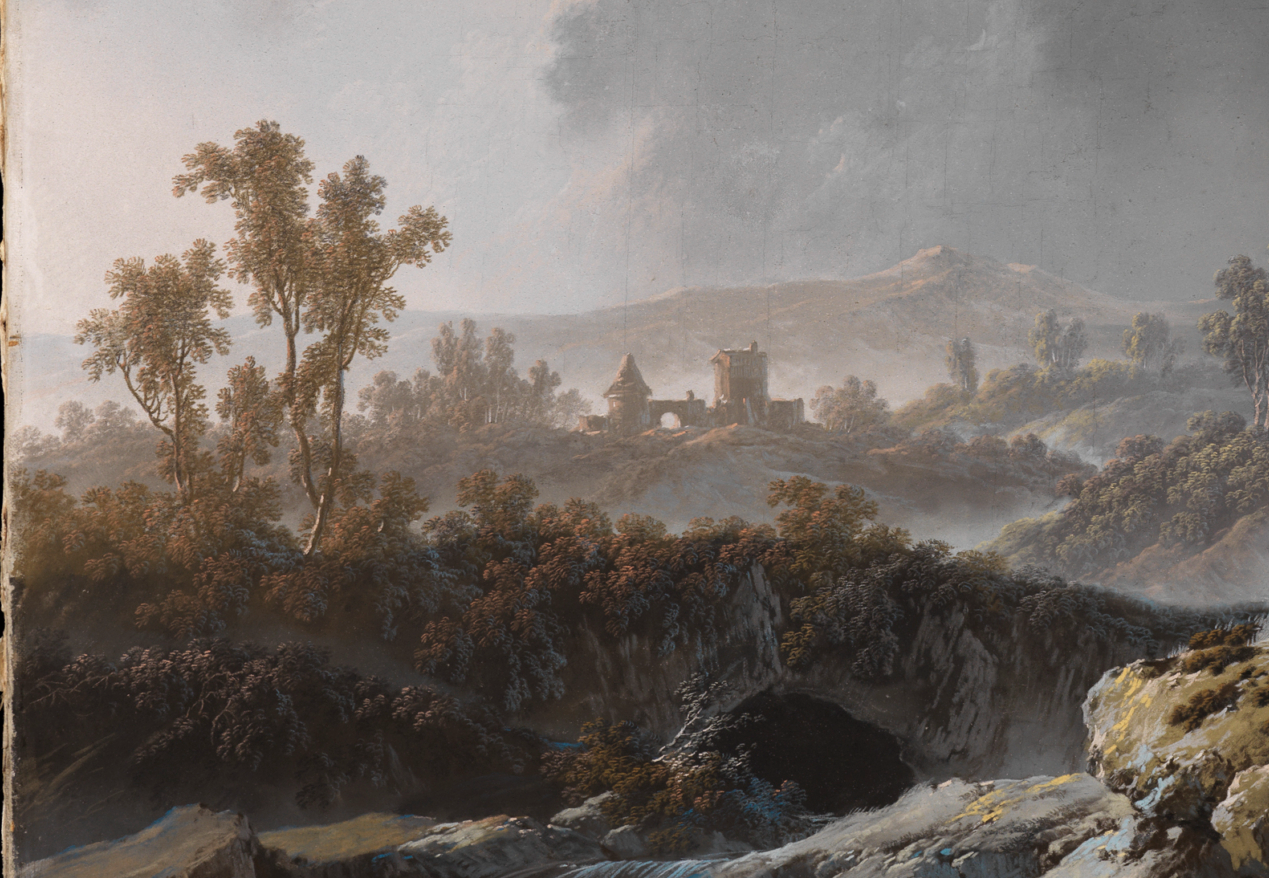 Detailausschnitt aus dem Gemälde von Pillement: Berglandschaft mit Bäumen und Gebüsch, im Hintergrund sind Umrisse eines Gebäudes zu sehen.