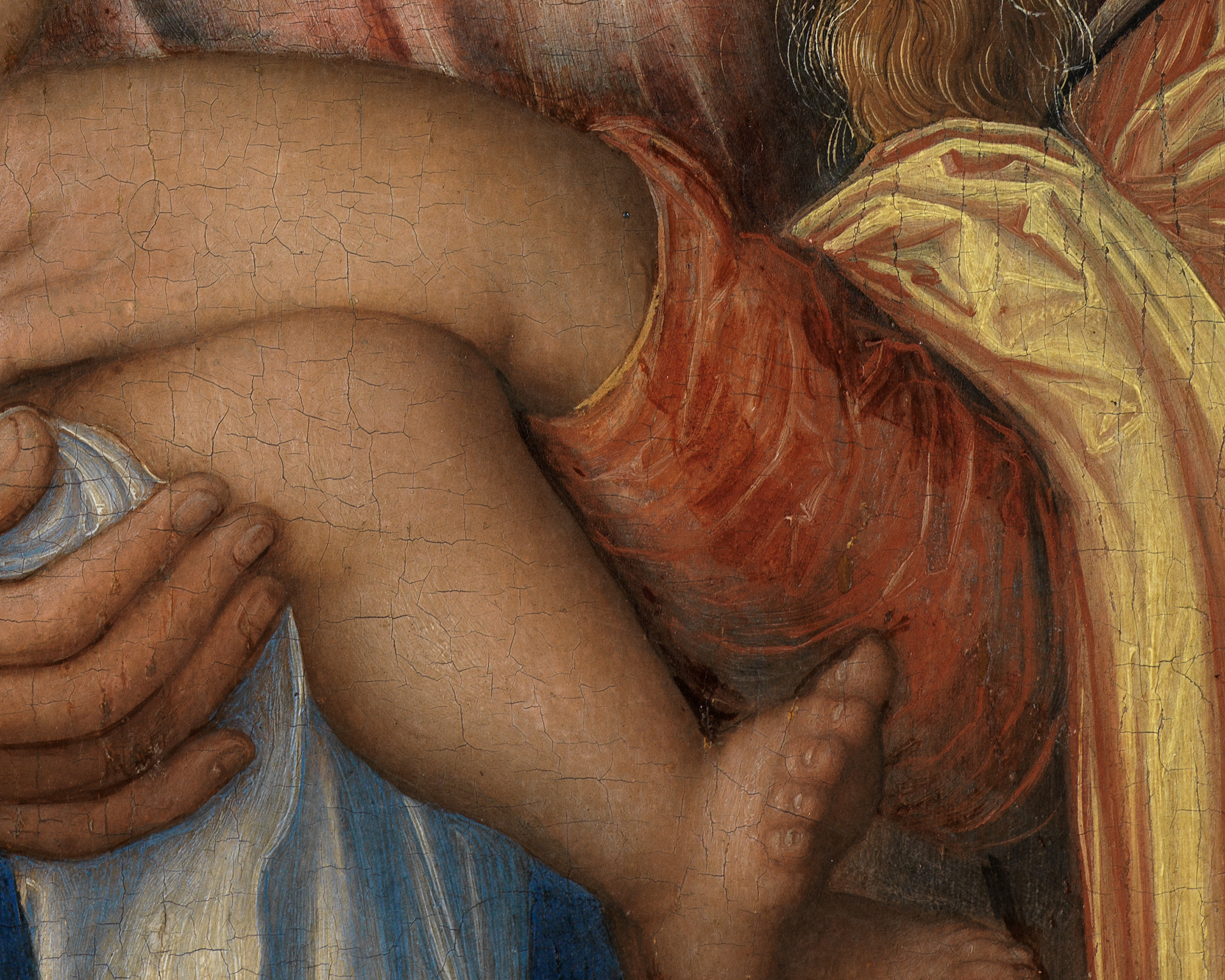 Lucas Cranachs Maria mit Kind. Detail: Faltenwurf rot.