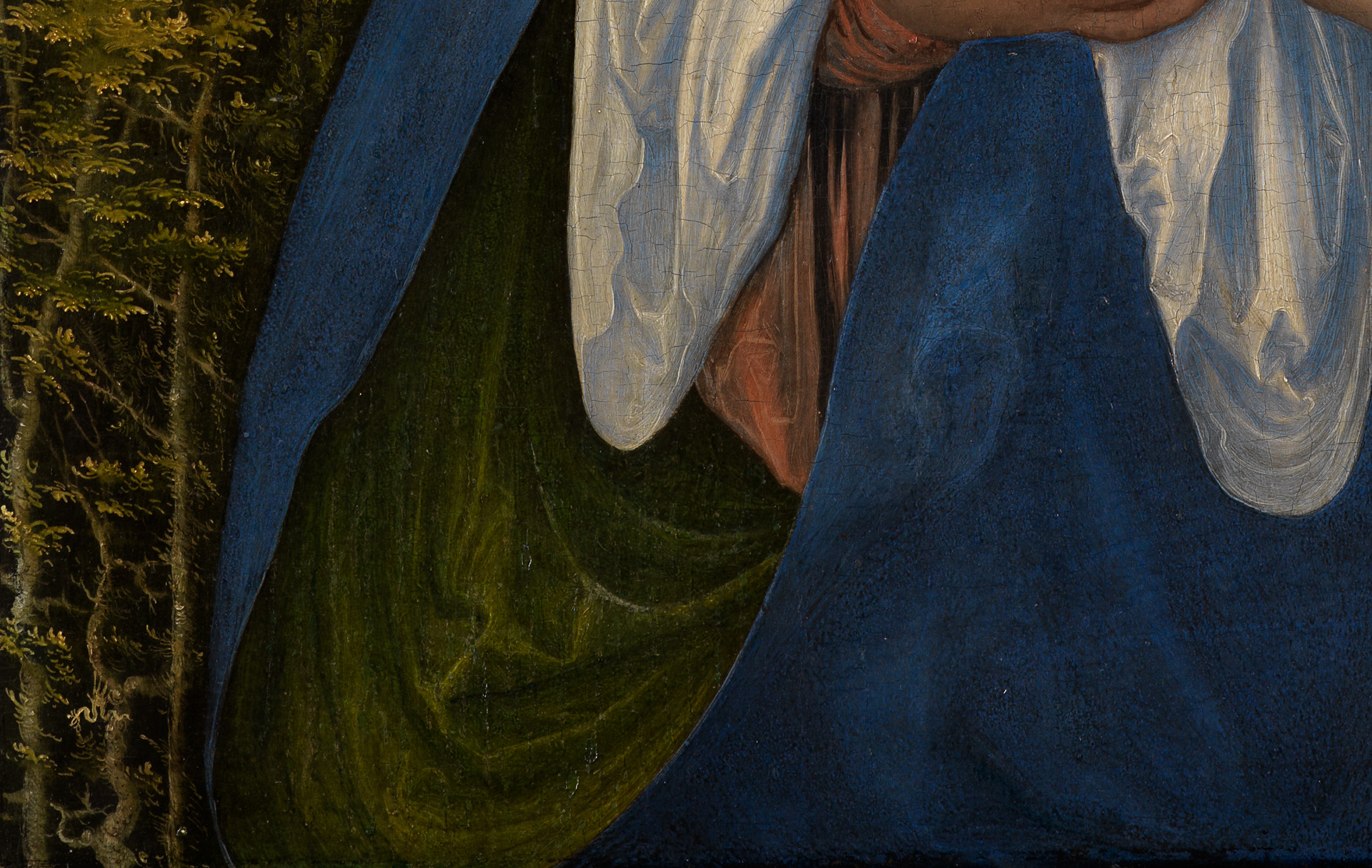 Lucas Cranachs Maria mit Kind. Detail: grünes, belaubtes Geäst.
