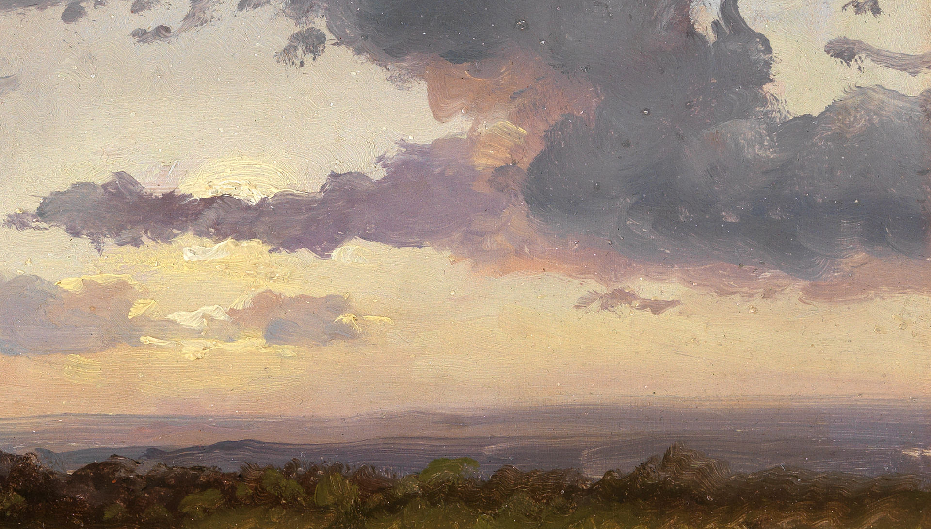 Ölstudie von Johan Christian Clausen Dahl, Himmel mit Sonne hinter Wolken über Landschaft.