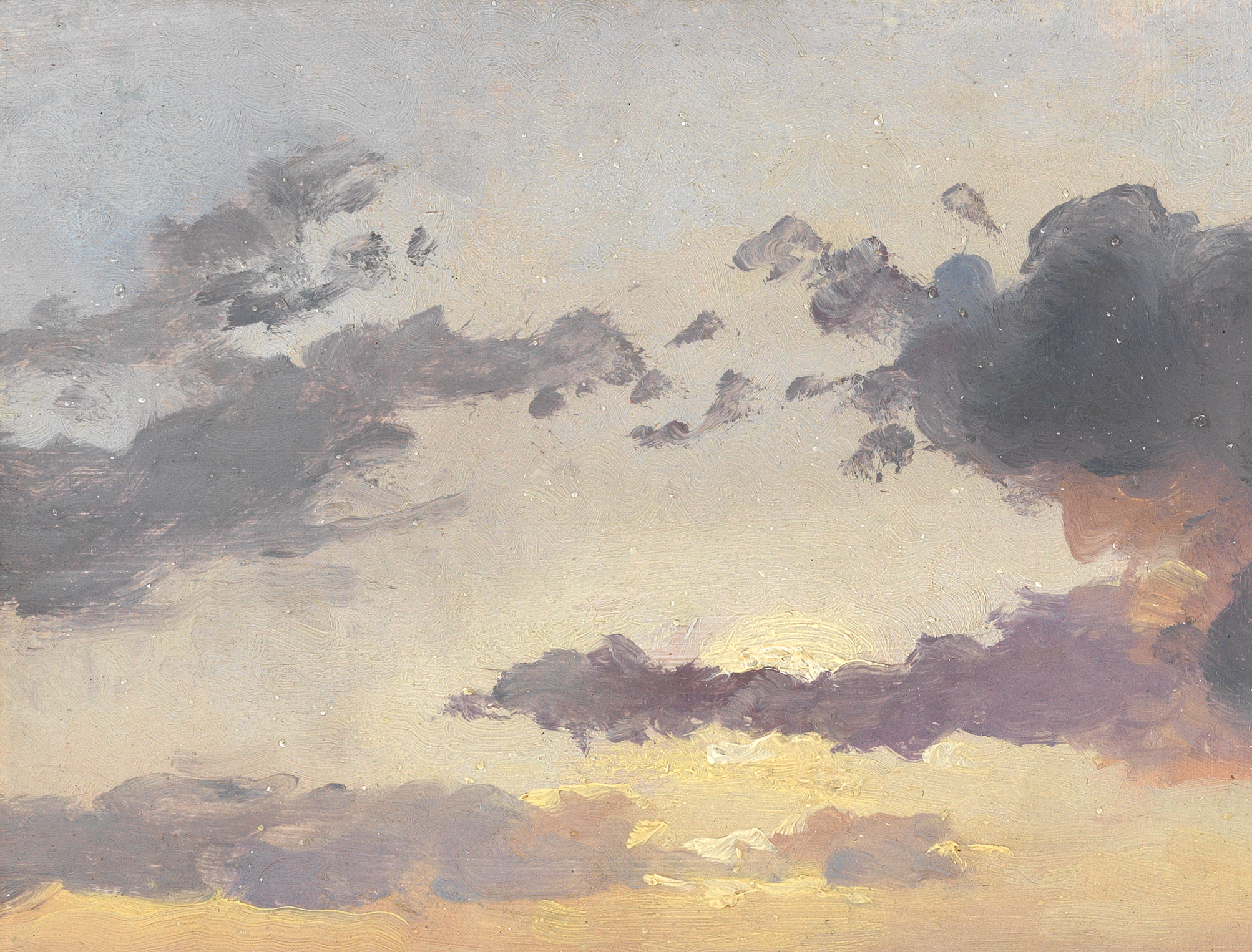 Ölstudie von Johan Christian Clausen Dahl, Himmel mit Sonne hinter Wolken über Landschaft.