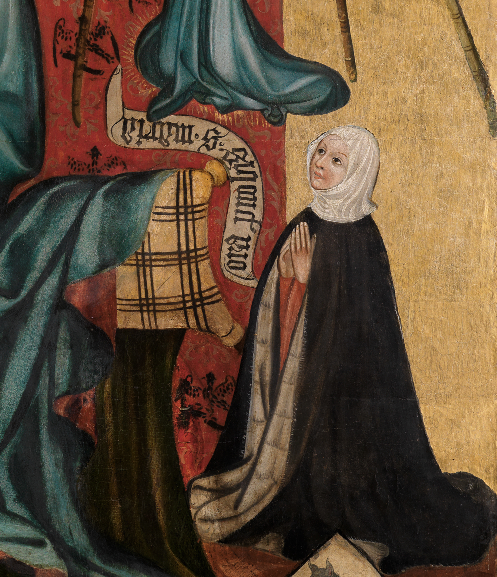 Gemälde eines Nürnberger Meisters, auf dem auf goldenem Grund die kniende Stifterin zu sehen sind.