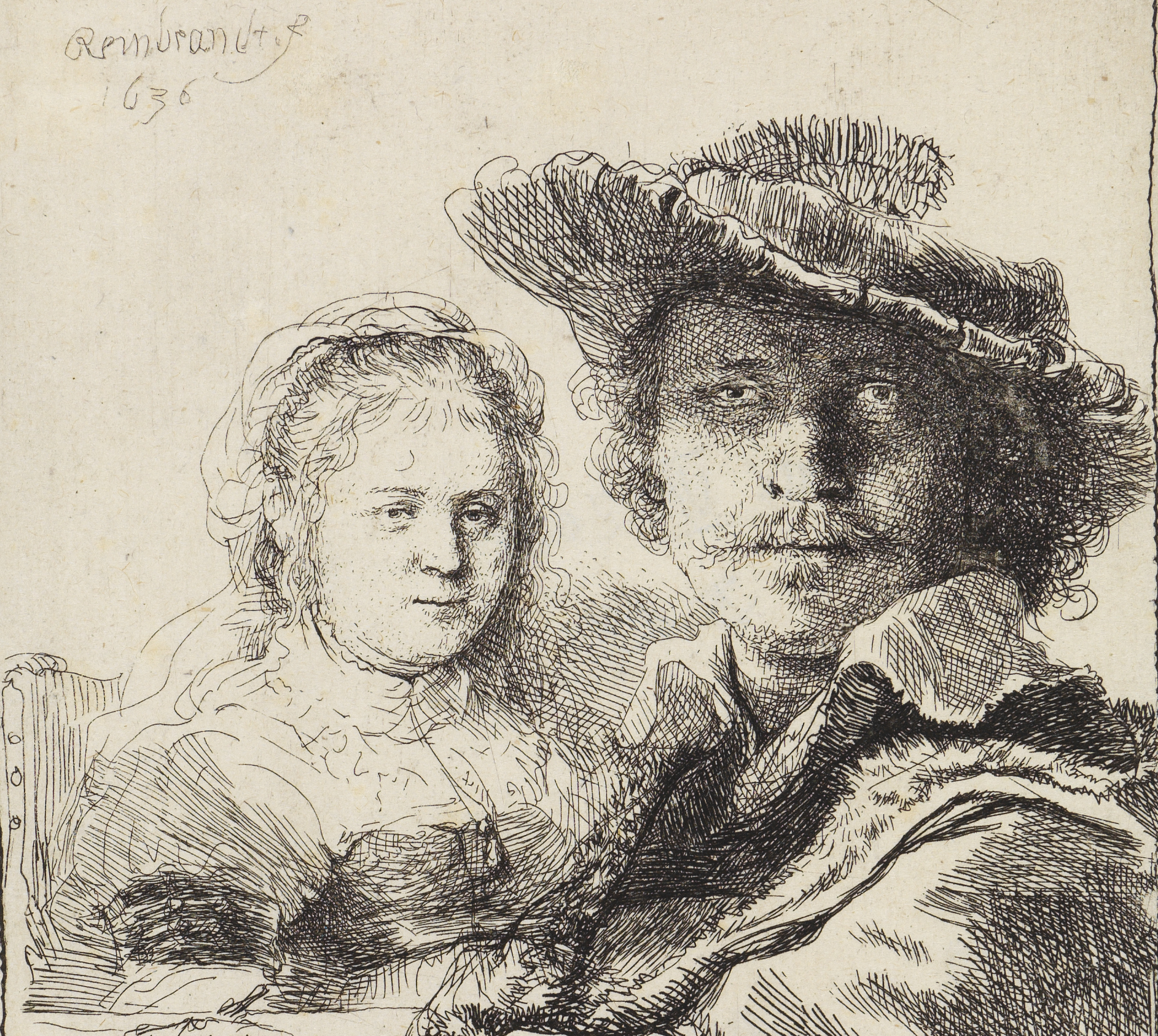 Detail-Ausschnitt aus Radierung Rembrandts. Selbstbildnis mit der Ehefrau Saskia.