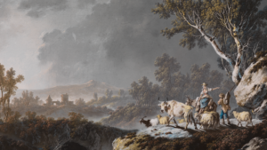 Detailausschnitt aus dem Gemälde von Pillement: Ein Hirtenpaar führt eine Herde aus Kühen, Ziegen, Schafen und einen Esel durch das bergige Gelände.