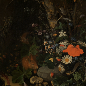 Detailausschnitt aus Ruyschs Gemälde: Ein Eichhörnchen sitzt im dunklen Walddickicht zwischen Blumen, im Hintergrund sind zwei Schlangen und Schnecken zu erkennen.
