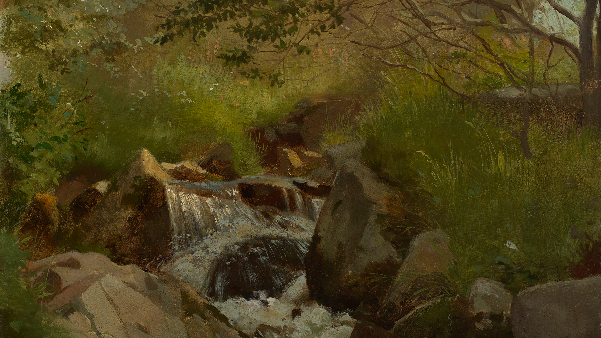 Ausschnitt aus Hans Thomas Gemälde Bach zwischen Felsen: In einem felsigen Bachlauf sprudelt Wasser ein kleines Gefälle herab. Rechts und links verschattetes Grün.