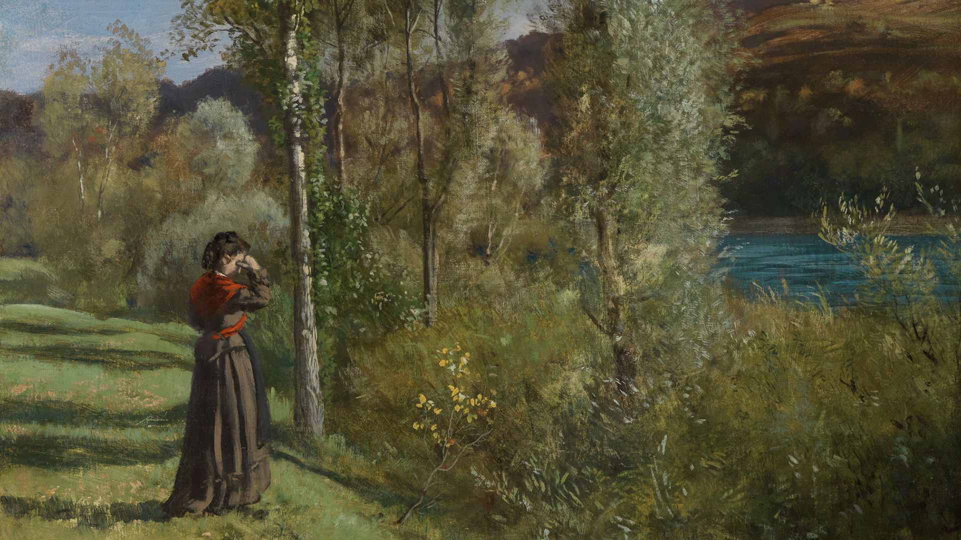 Ausschnitt aus Hans Thomas Gemälde Herbsttag am Oberrhein: Am Flussufer, gesäumt von Weiden und dichten Büschen, steht eine junge Frau und blickt aufs Wasser. Am gegenüberliegenden Ufer erhebt sich ein herbstlich gefärbter Hügel.