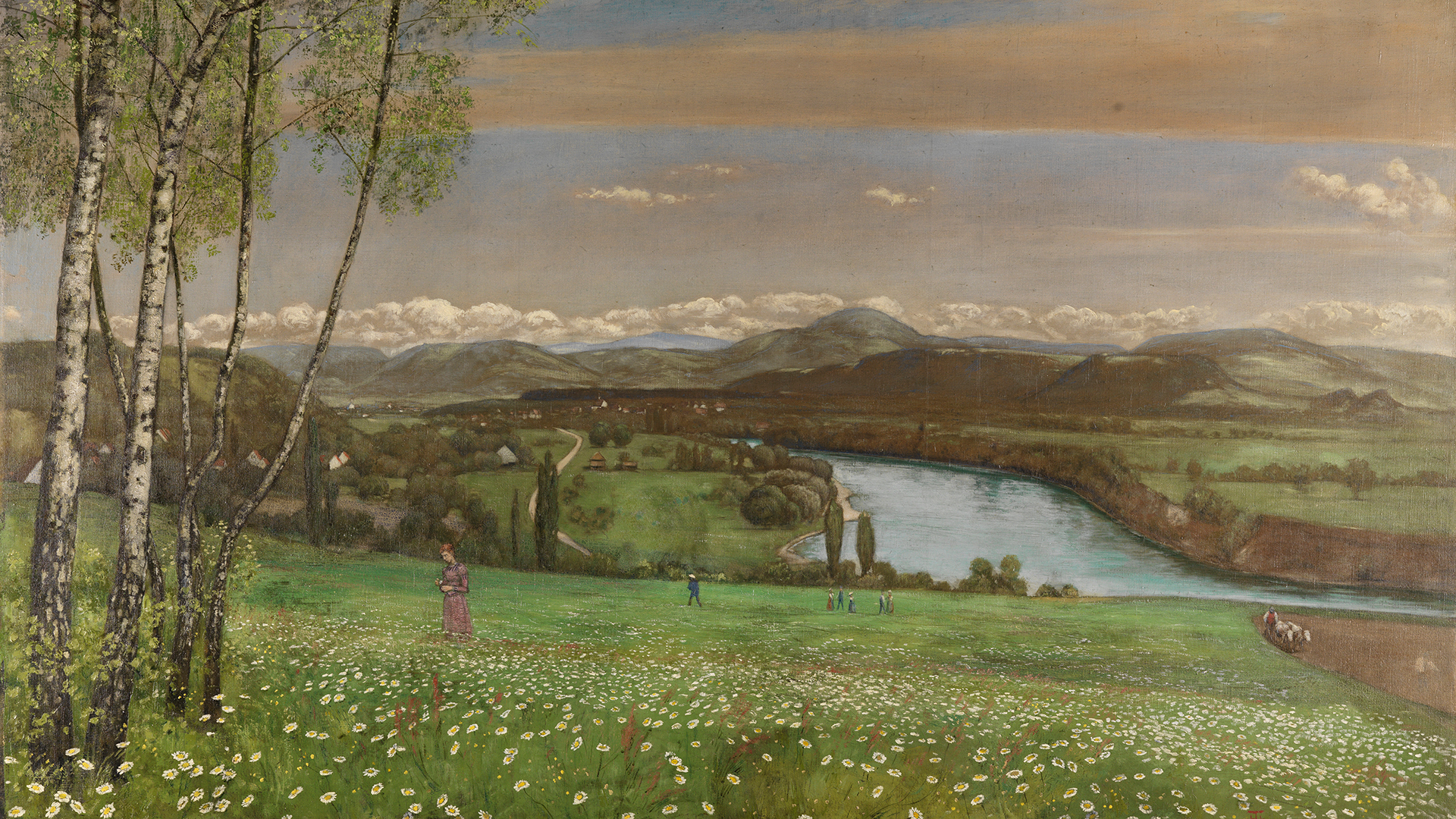 Ausschnitt aus Hans Thomas Gemälde Das Rheintal bei Säckingen: Weiter Blick von erhöhtem Standpunkt auf Flusstal. Im Vordergrund Wiese mit weißen Blumen. Der Himmel zeigt Abenddämmerung an.