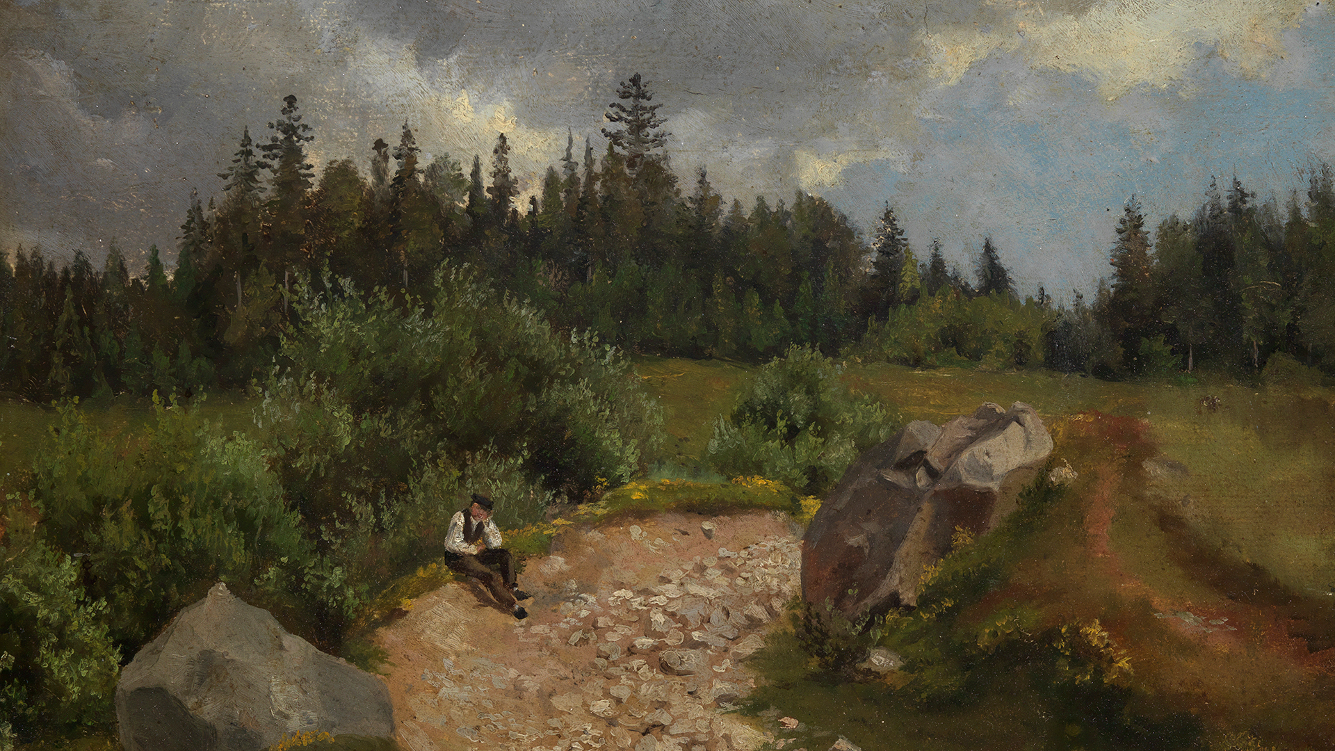 Ausschnitt aus einem Gemälde von Hans Thoma: An einem steinigen Weg zwischen zwei großen Felsblöcken sitzt ein Mann. Seitlich des Wegs Wiesen und Gebüsch, im Hintergrund der Saum eines dichten Nadelwalds.