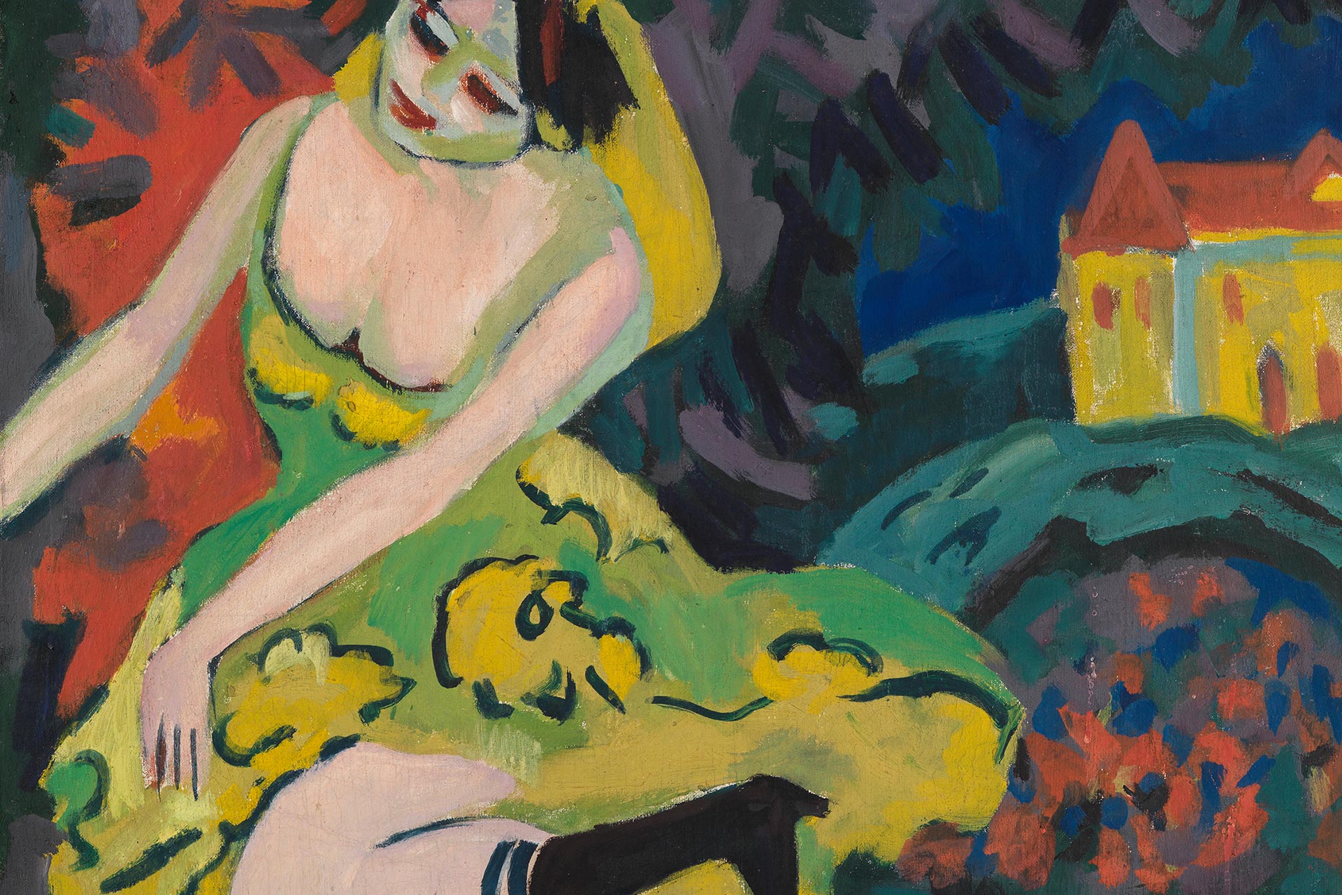 Abbildung eines Gemäldes von Ernst Ludwig Kirchner auf dem in bunten Farben eine Varietétänzerin abgebildet ist. 