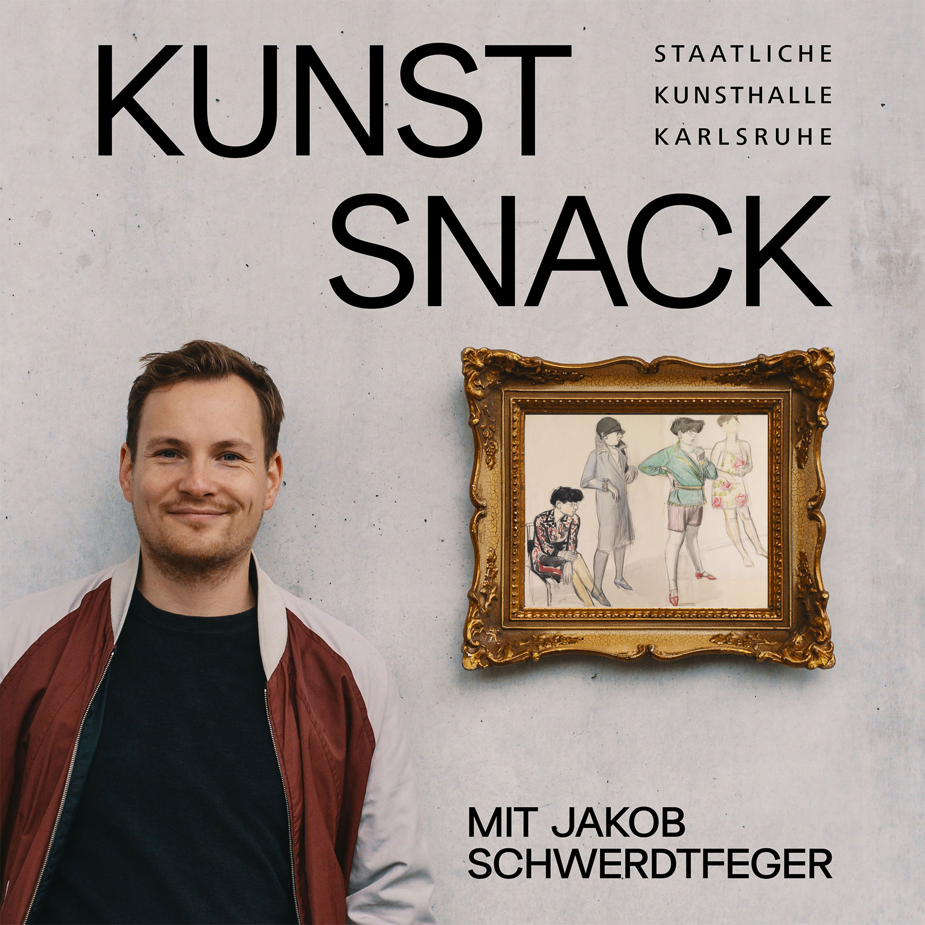 Foto von Jakob Schwerdtfeger neben einem goldenen Rahmen, in dem eine Abbildung des Werks "Viermal Hilde" von Karl Hubbuch zu sehen ist. Darüber steht der Schriftzug: "Kunstsnack"