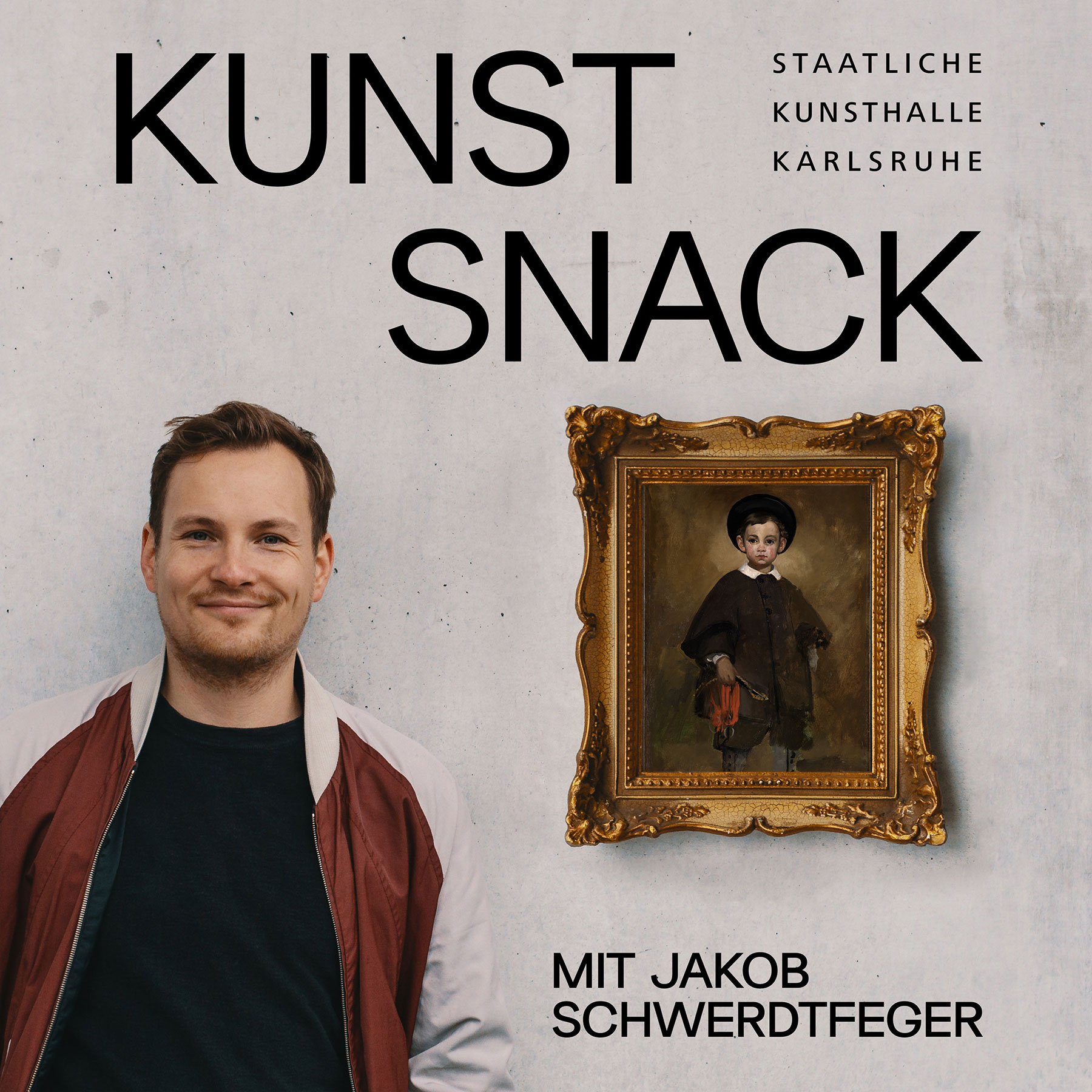 Foto von Jakob Schwerdtfeger neben einem goldenen Rahmen, in dem eine Abbildung des Werks "Kinderbildnis" von Édouard Manet zu sehen ist. Darüber steht der Schriftzug: "Kunstsnack"