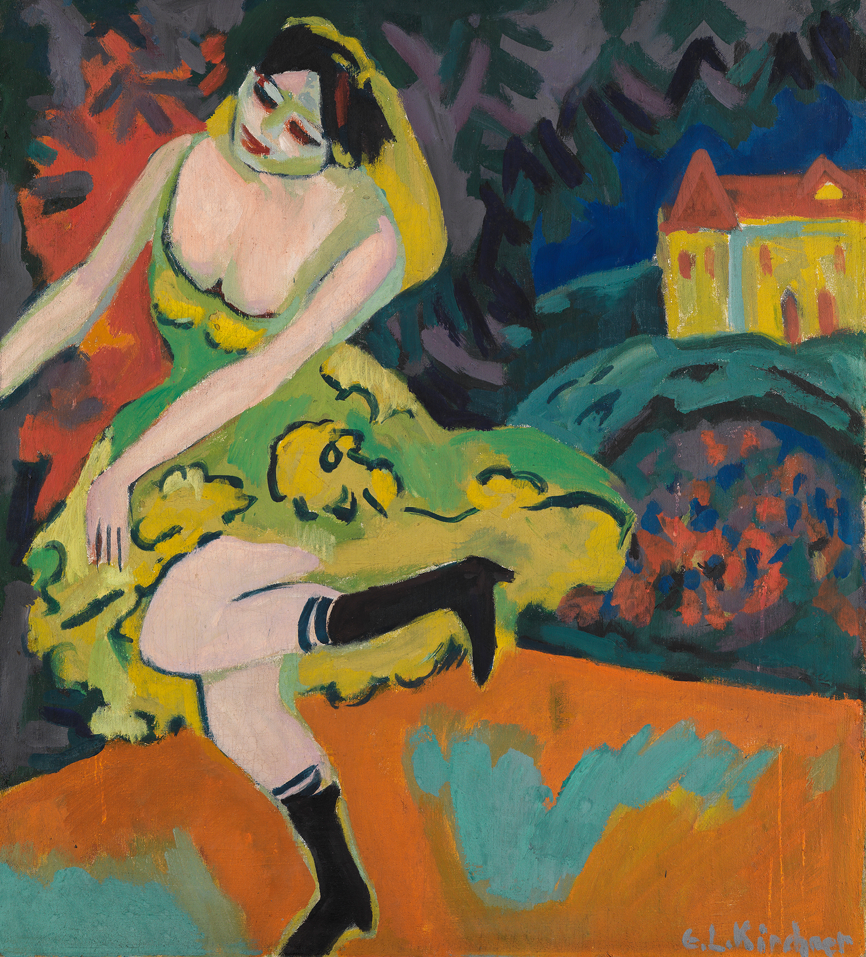 Abbildung eines Gemäldes von Ernst Ludwig Kirchner, das eine Variététänzerin in bunten Farben zeigt.
