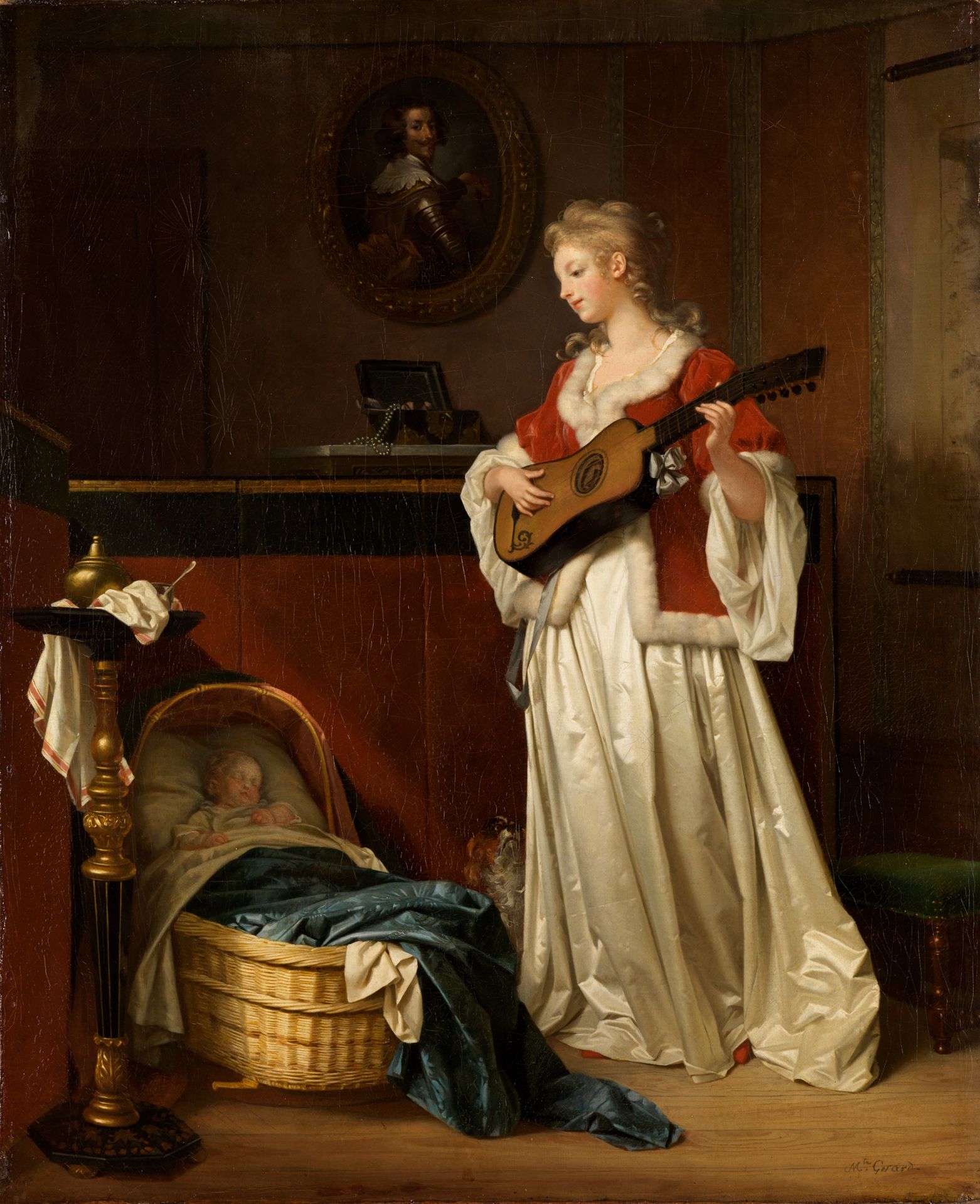 Frau mit Gitarre in der Hand, neben ihr ein Kind im Korb.