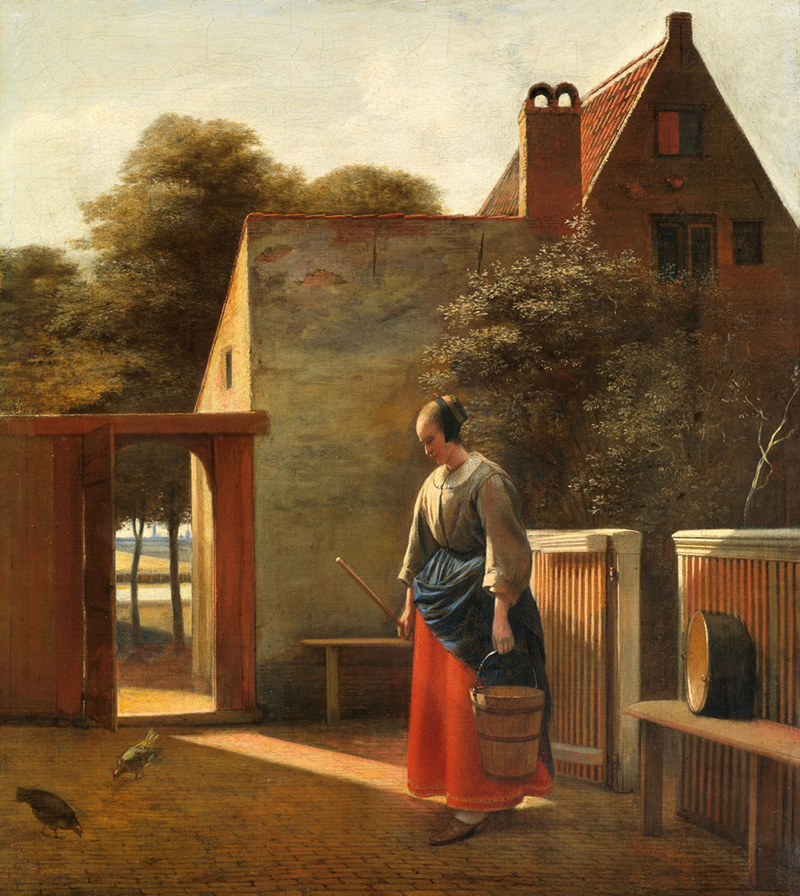 Das Gemälde zeigt eine Magd mit Eimer in einem Hinterhof.