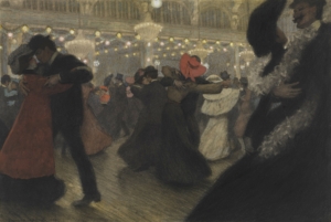 Tanzende Menschen in Abendgarderobe in einem Tanzlokal mit Lichterketten.