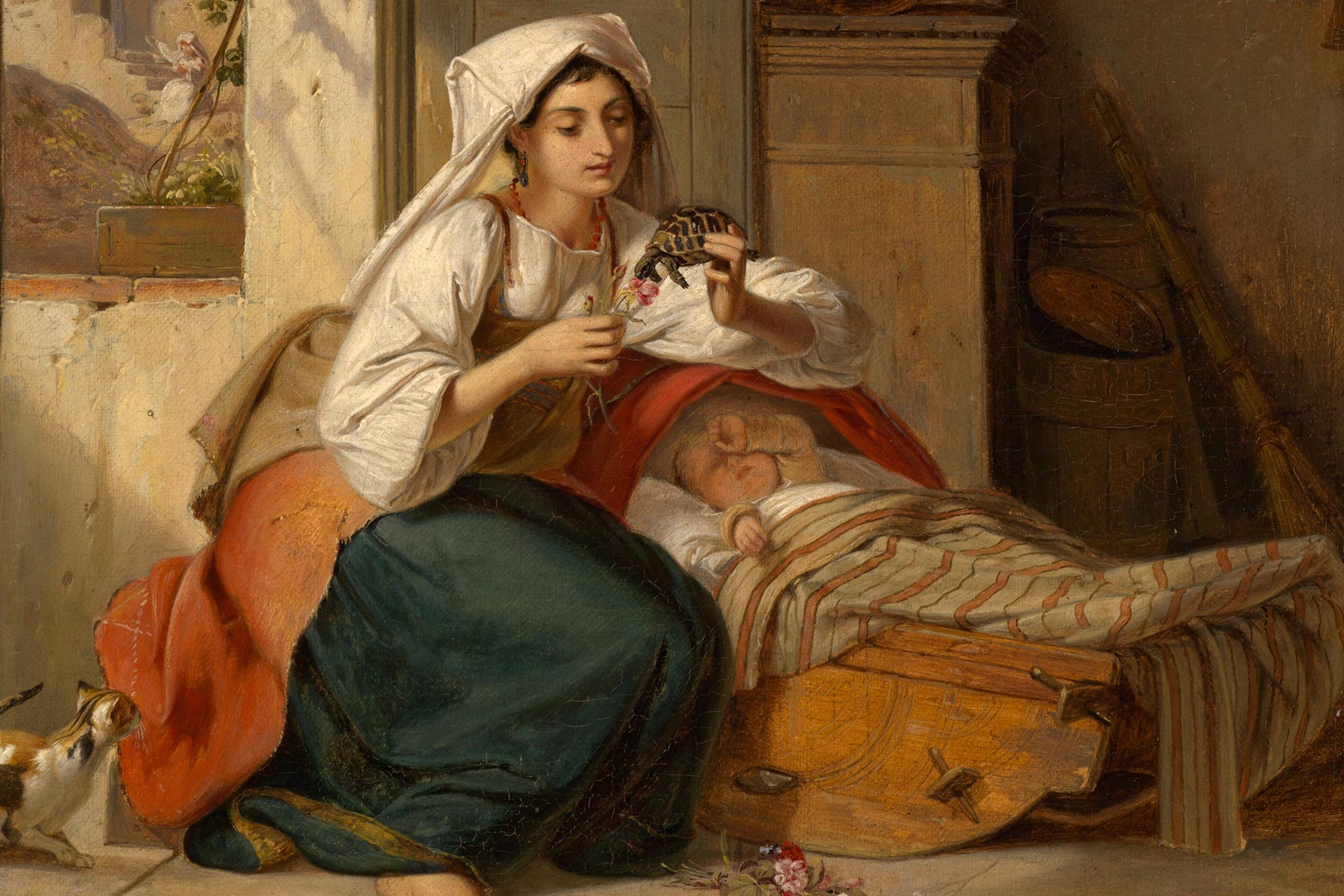 Gemälde einer Italienerin an der Wiege von Johann Baptist Kirner. Die Mutter sitzt halb im Haus halb draußen und hält eine Schildkröte in der Hand.