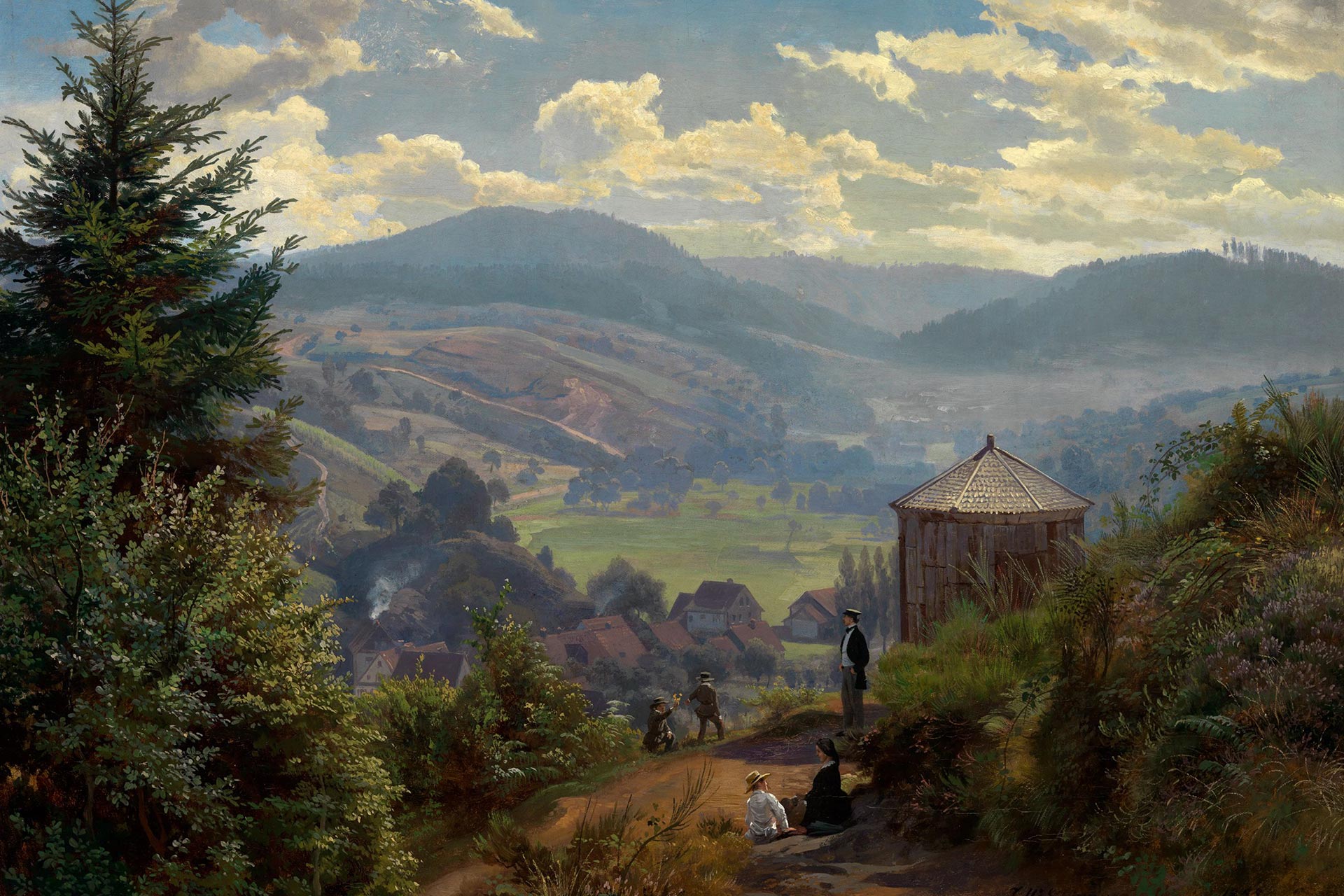 Gemälde von Johann Wilhelm Schirmer, dass das Oberbeuerner Tal vom Cäcilienberg aus zeigt. Man blickt in ein Tal mit Wiesen und Bäumen. In Vordergrund sieht man Personen an einer oktogonalen Hütte.