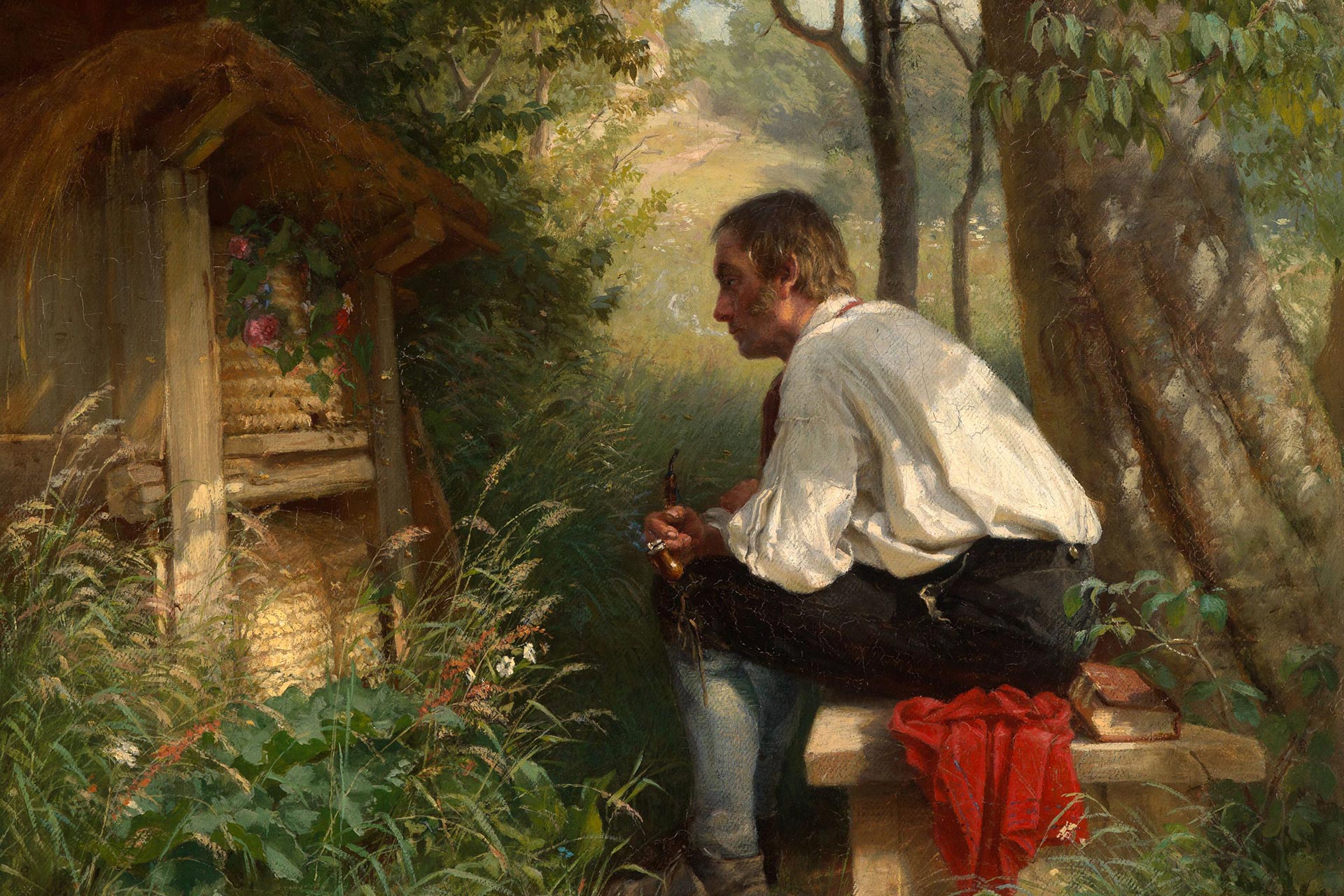 Hans Thomas Bienenfreund. Es zeigt einen Mann der vor einem Bienenstock sitzt und diesen betrachtet.