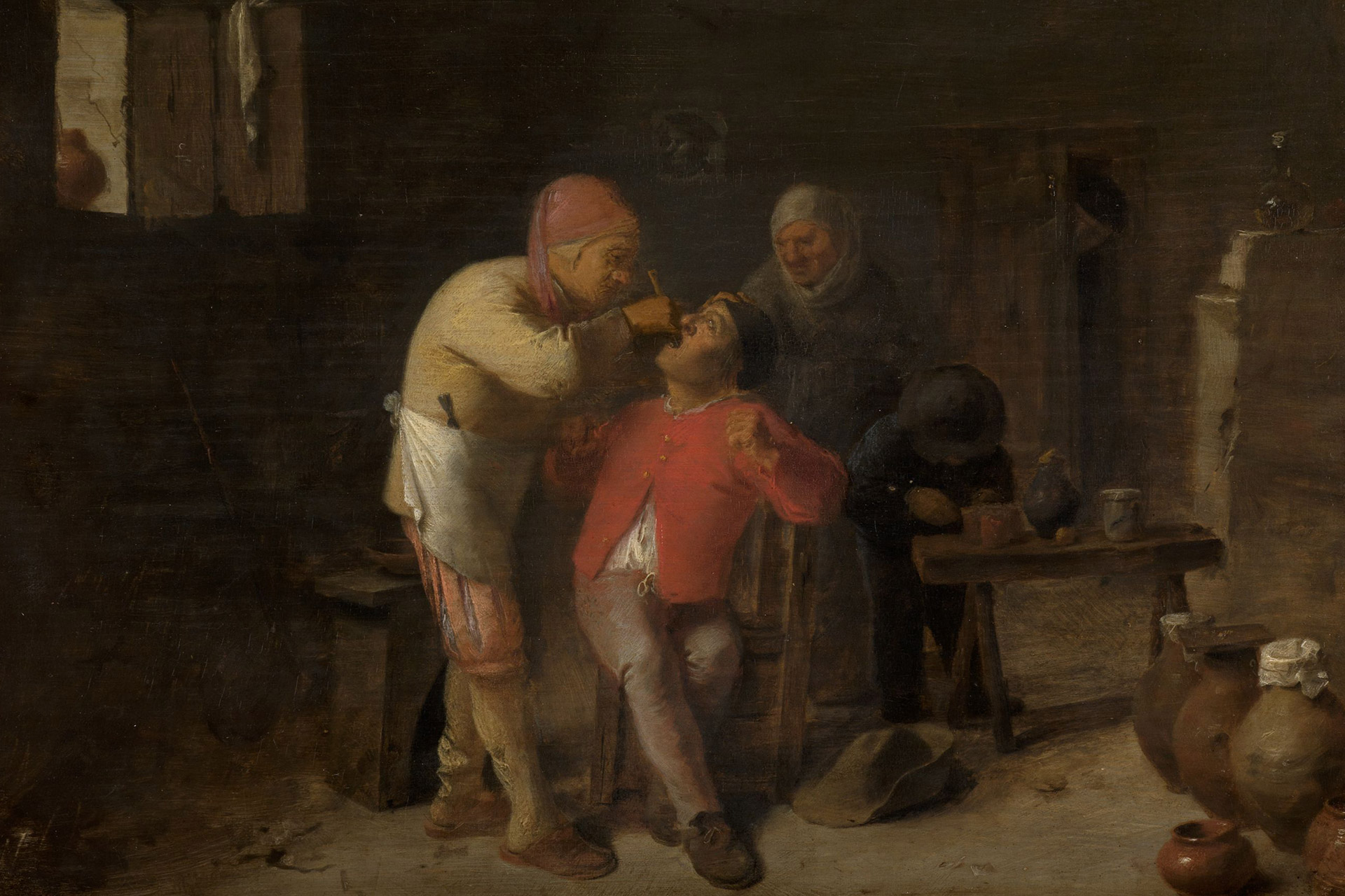 Auf dem Gemälde sieht man den Innenraum einer dunklen Hütte und einen Zahnarzt, der gerade im Mund eines Patienten behandelt. Im Hintergrund ist eine weitere Person und diverse Krüge zu sehen.