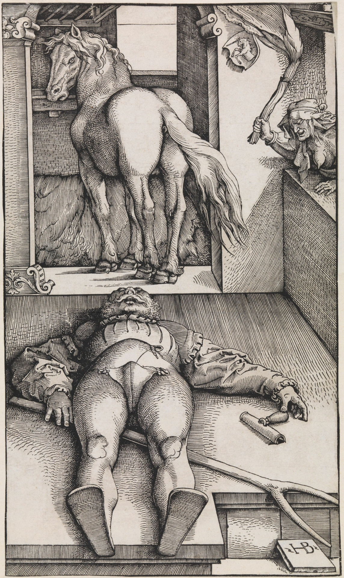 Ein auf dem Boden liegender Mann, im Hintergrund ein Pferd und eine Hexe.