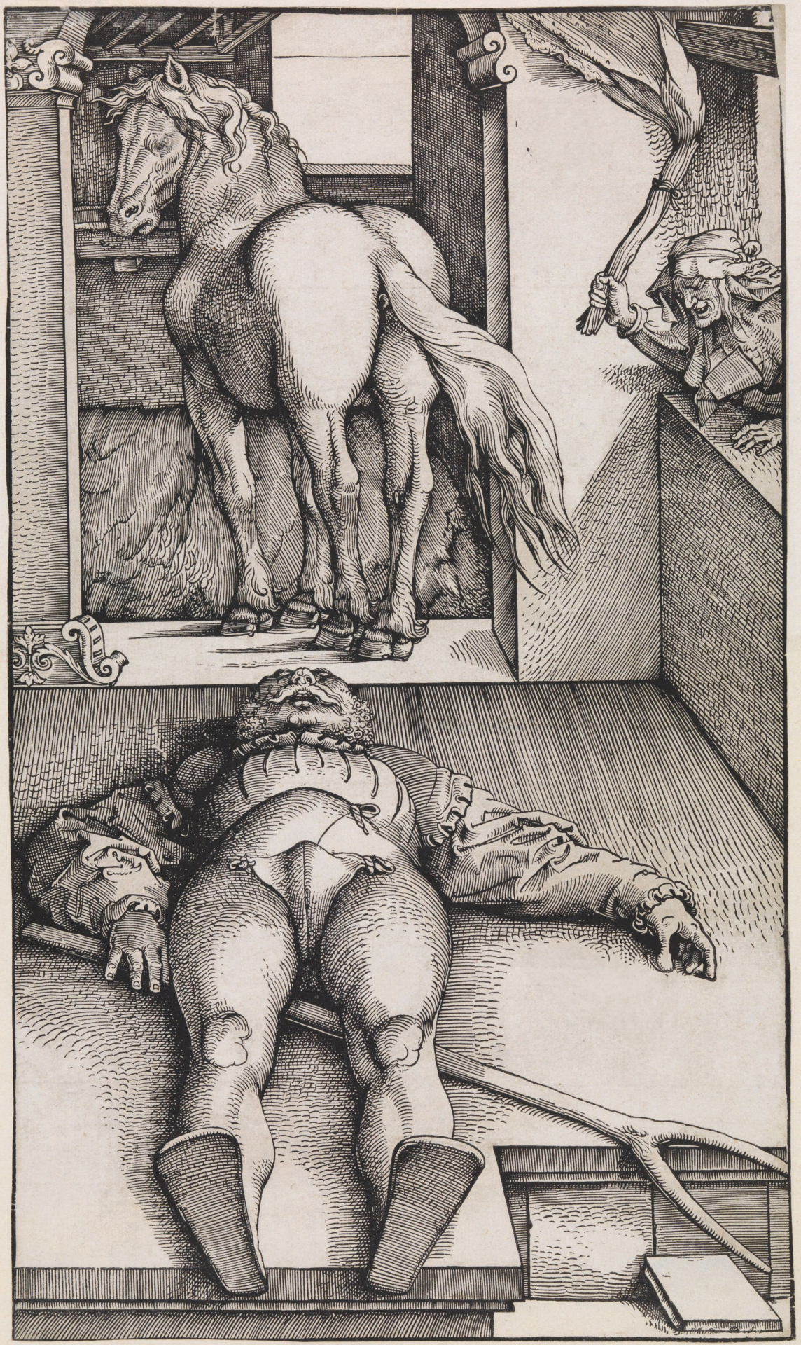 Verändertes Original mit fehlenden Elementen. Ein auf dem Boden liegender Mann, im Hintergrund ein Pferd und eine Hexe.